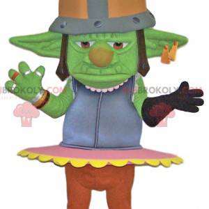 Groene trol mascotte met een metalen helm. Troll kostuum -